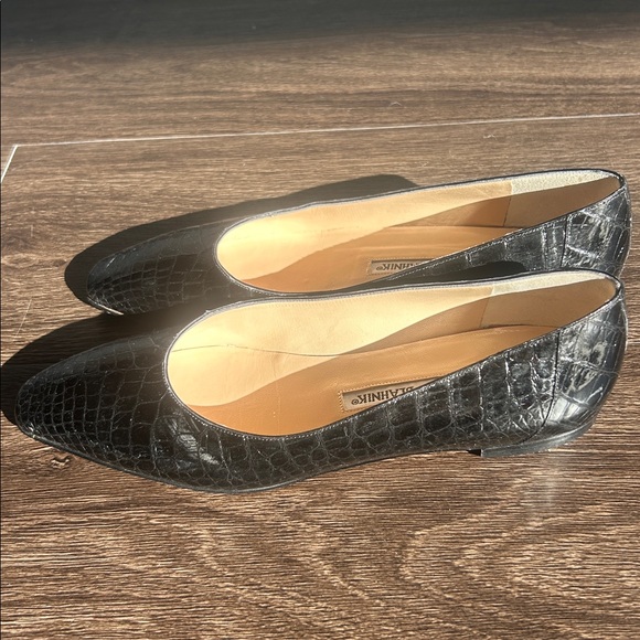 MANOLO BLAHNIK Black Shiny Croc Skin EVANGELISTA Almond Toe Flats size size 7 - Picture 3 of 6